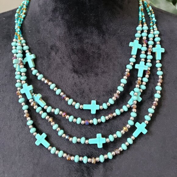 Womens Turquoise & Amber Glass Bead Multi Strand Cross Necklace w/ Lobster Clasp - Picture 1 of 6